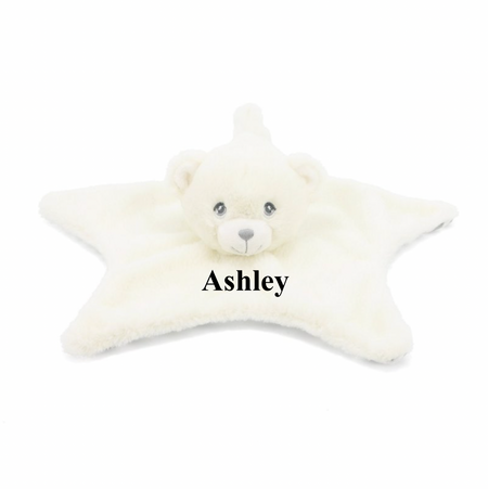 baby personalised recycled bear comforter | personalised bear comfort blanket | embroidered recycled bear comforter | sustainable baby bear comfort toy