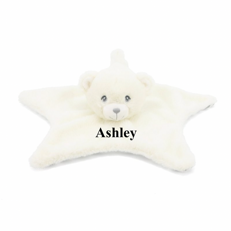 baby personalised recycled bear comforter | personalised bear comfort blanket | embroidered recycled bear comforter | sustainable baby bear comfort toy
