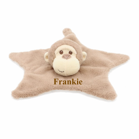 baby personalised recycled monkey comforter | personalised monkey comfort blanket | embroidered recycled monkey comforter | sustainable baby monkey comfort toy