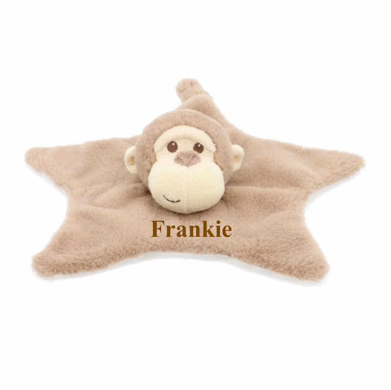 baby personalised recycled monkey comforter | personalised monkey comfort blanket | embroidered recycled monkey comforter | sustainable baby monkey comfort toy