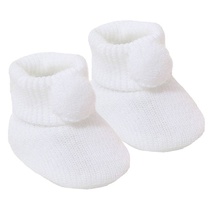 newborn baby pom pom bootees | knitted newborn baby booties | cosy pom pom baby booties | soft acrylic newborn bootees