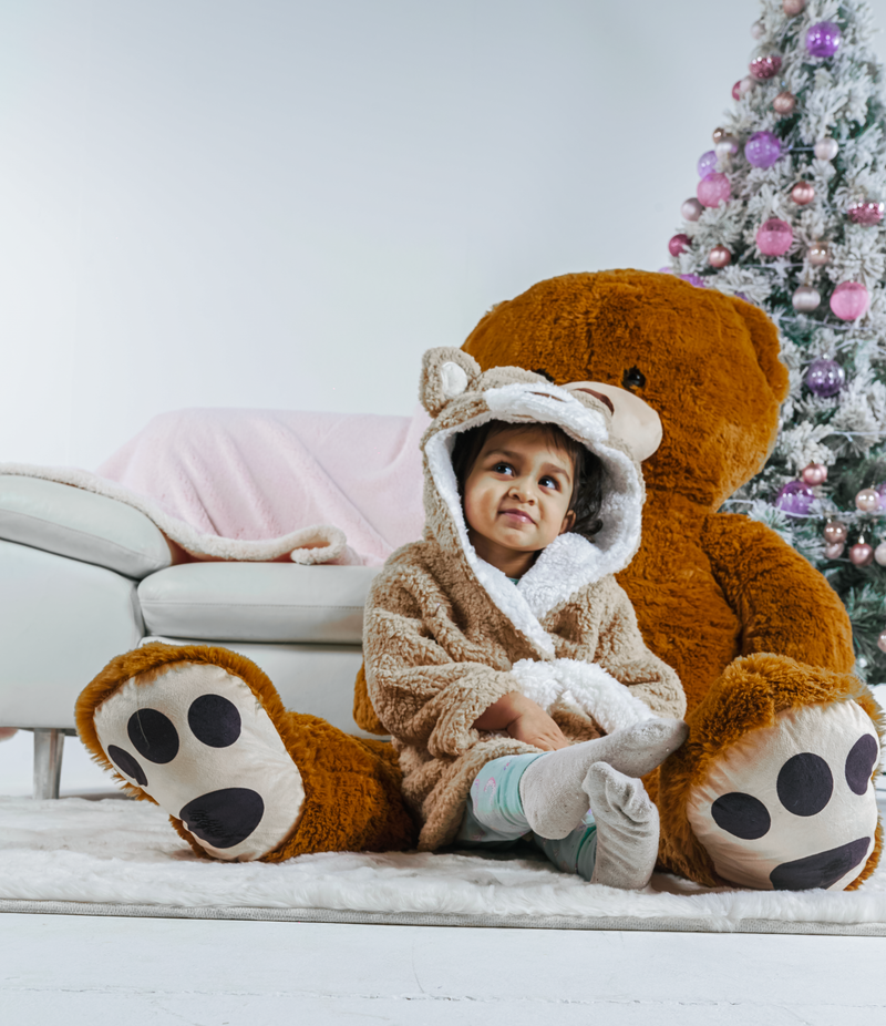kids personalised teddy bear borg dressing gown | unisex teddy bear hooded dressing gown | personalised borg robe for kids | embroidered teddy bear dressing gown